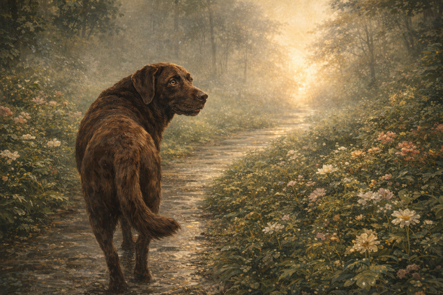 Memorial portrait of Benny, a chocolate lab, on a glowing garden path