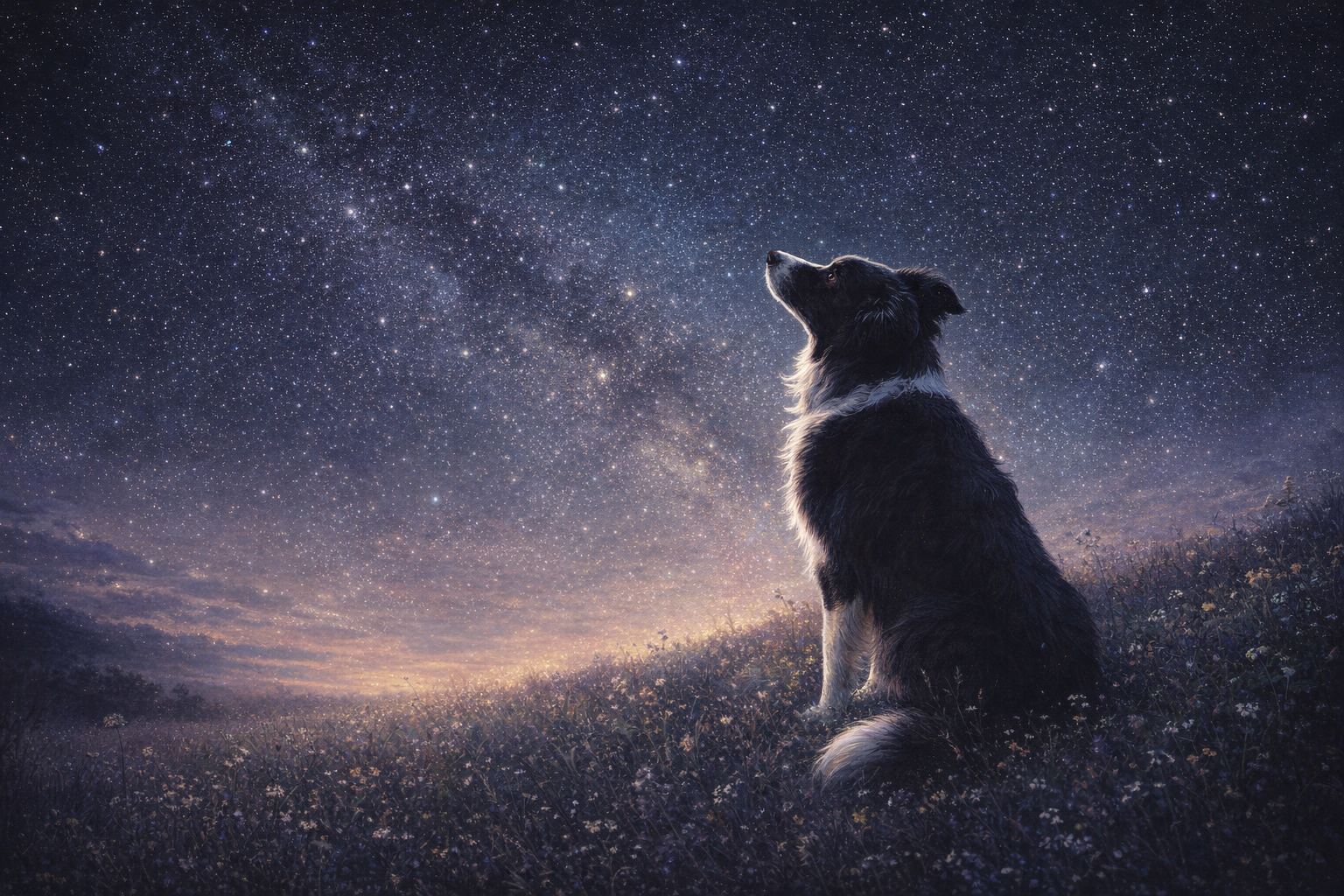 Memorial portrait of Maren, a border collie, beneath a star-filled sky