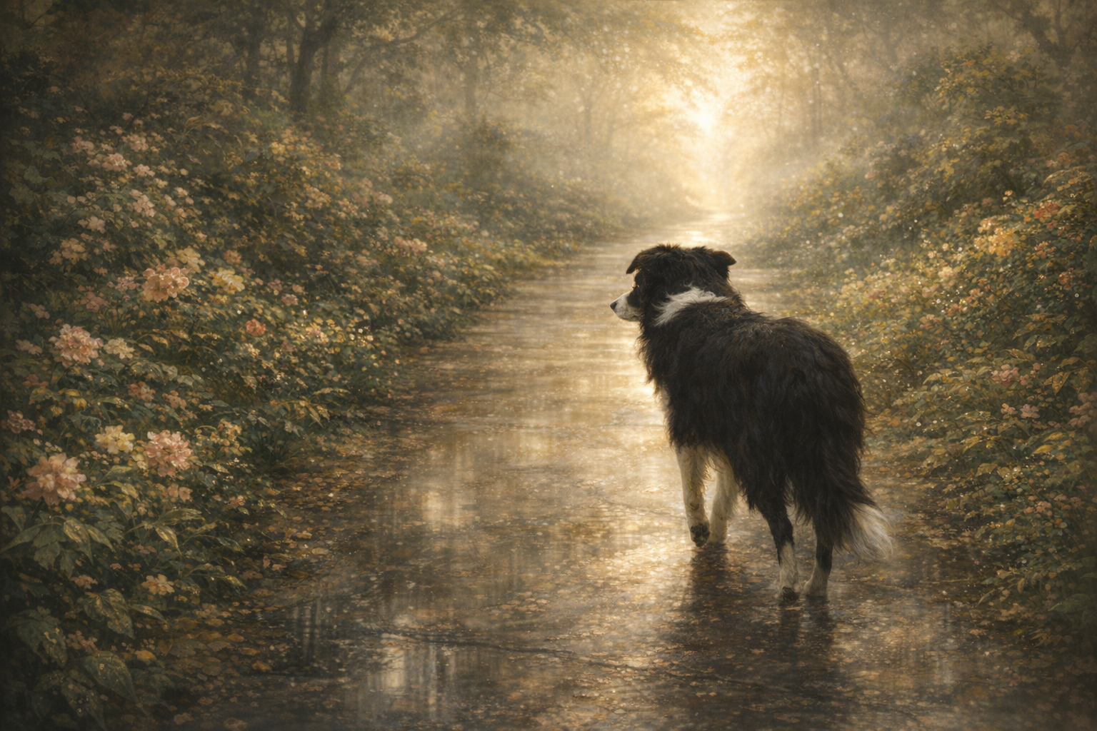 Memorial portrait of Maren, a border collie, on a glowing garden path