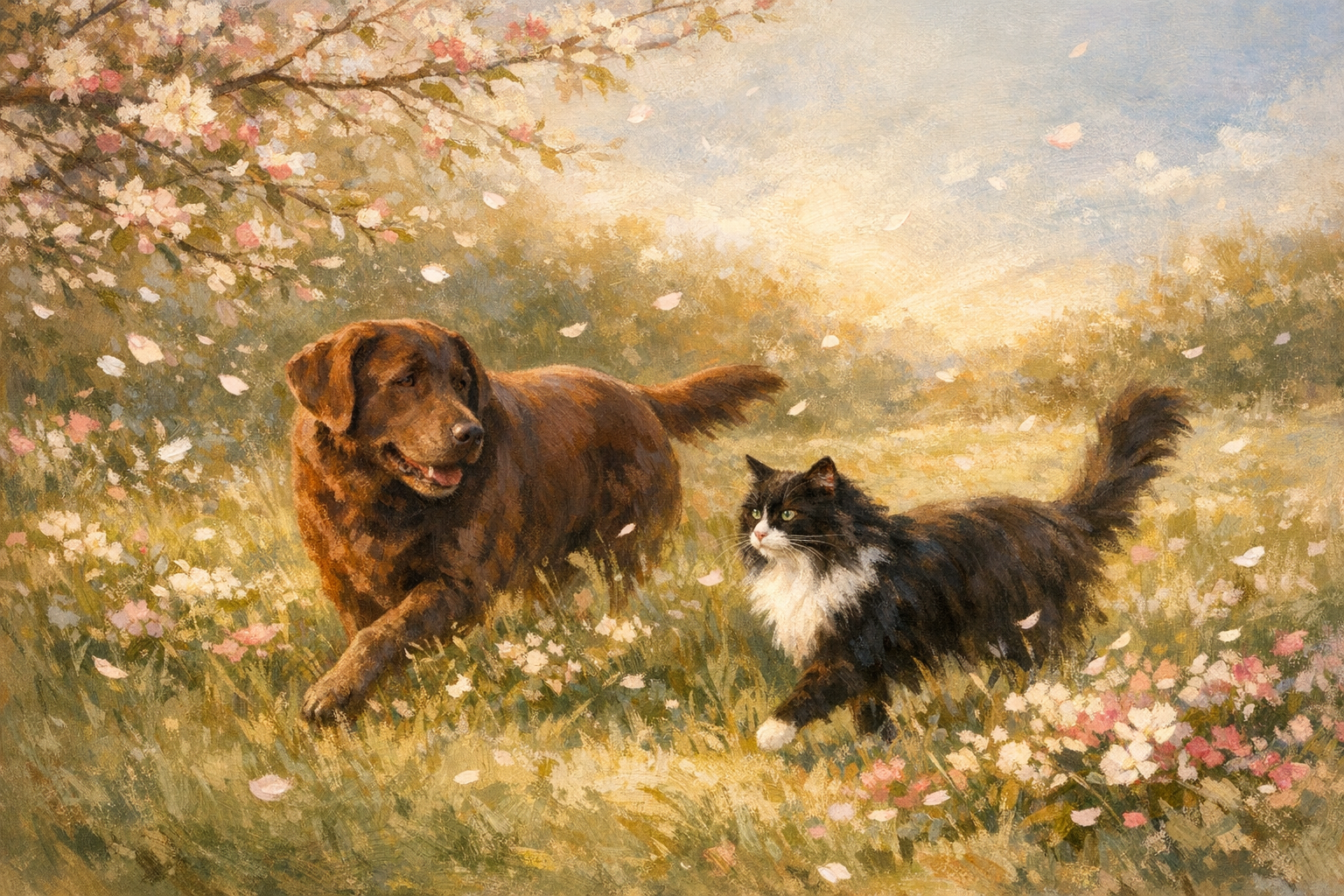 Memorial portrait of Mabel and Finch in a blossom meadow
