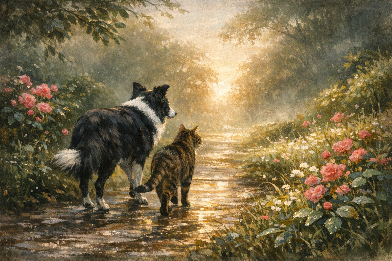 Memorial portrait of Rory and Olive on a glowing garden path