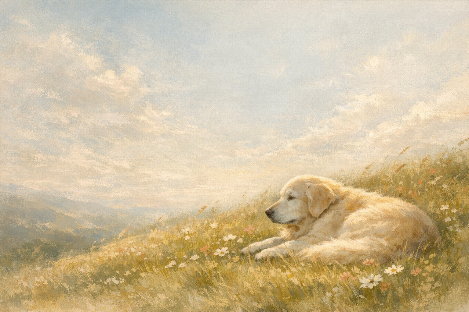 Memorial portrait of Pepper, a golden retriever, resting in a sunlit hillside meadow