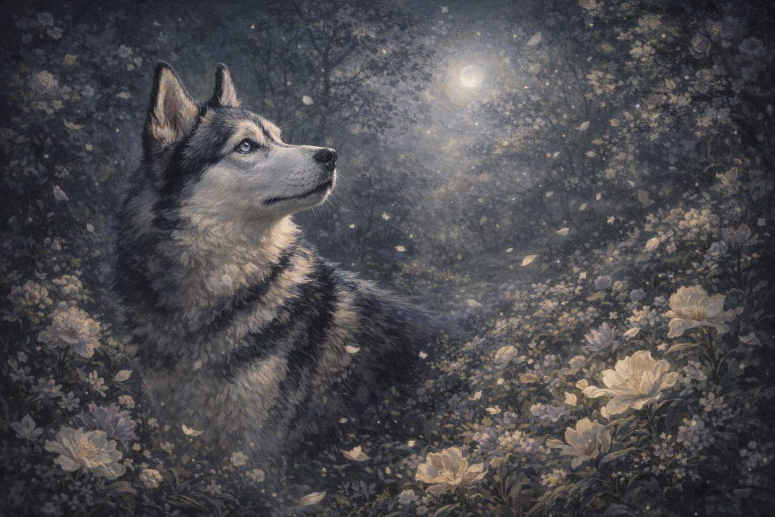 Memorial portrait of Scout, a husky, in a moonlit garden